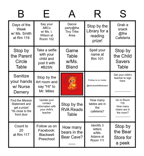 Blackwell Preschool's Back to School Night BINGO Card