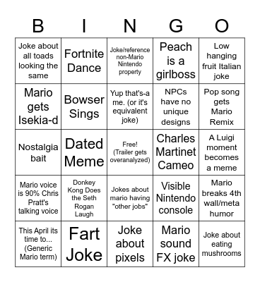 Mario Movie Trailer Bingo Card