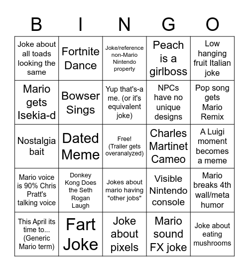 Mario Movie Trailer Bingo Card