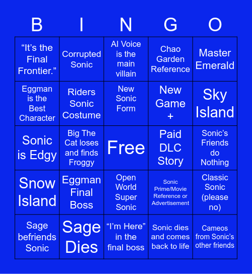 Sonic Frontiers Bingo Card