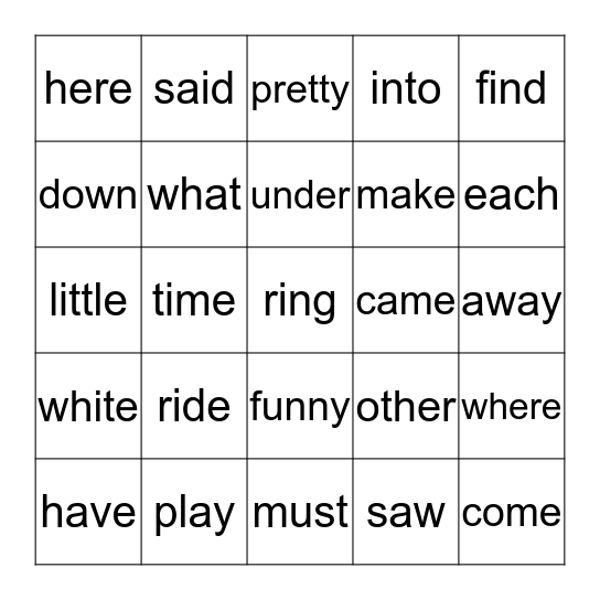 Sight Word Bingo Card