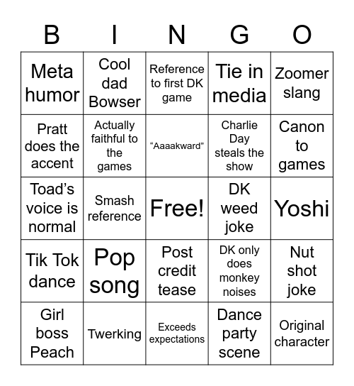 Mario Movie Bingo Card