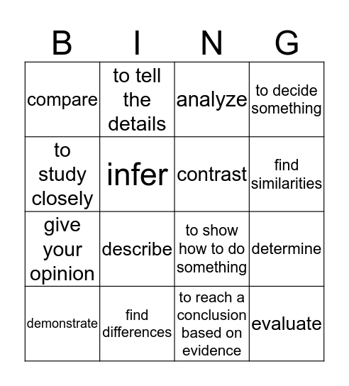 Verbs Bingo Card