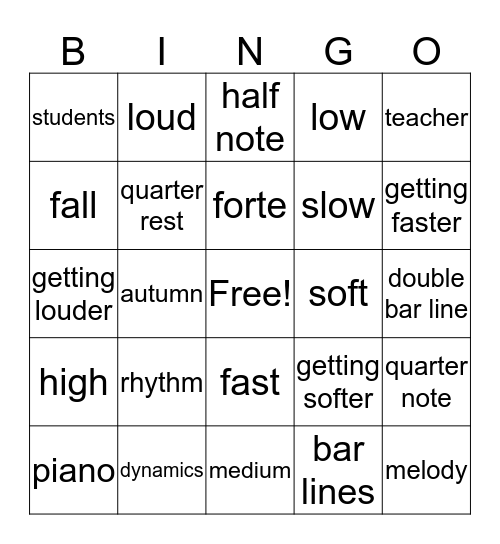 Music Unit 1 Bingo Card