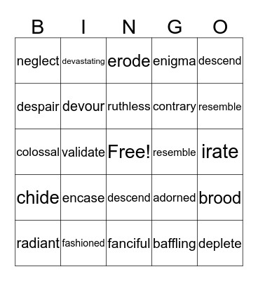 Vocabulary Bingo Card