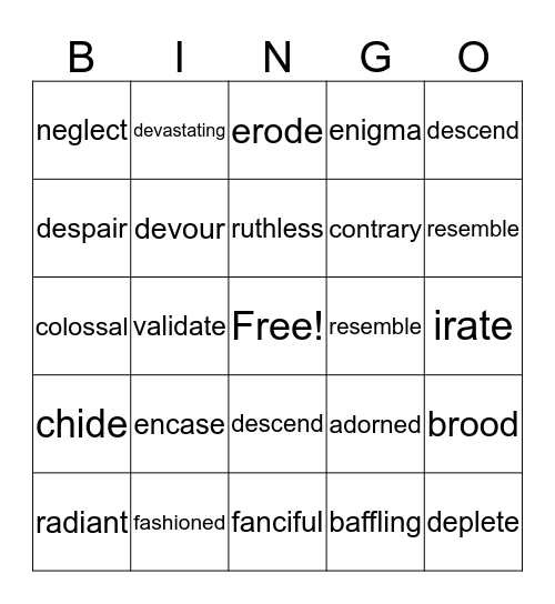 Vocabulary Bingo Card