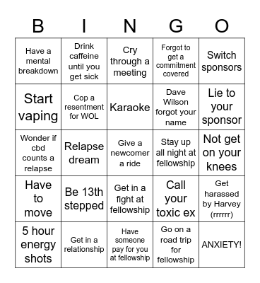 1st year of Sobriety Bingo Card