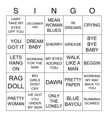 776 ROY ORBISON VS FRANKIE VALLI Bingo Card