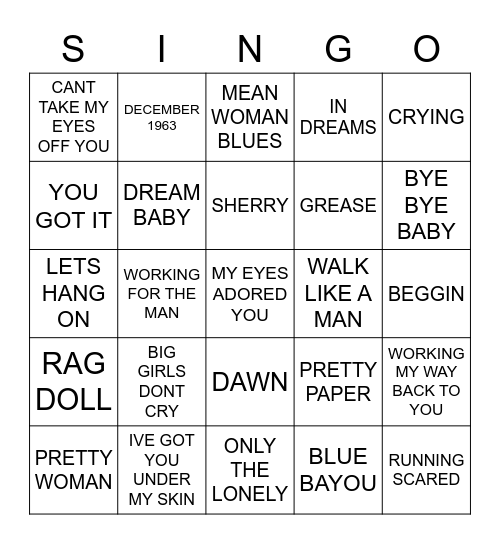 776 ROY ORBISON VS FRANKIE VALLI Bingo Card