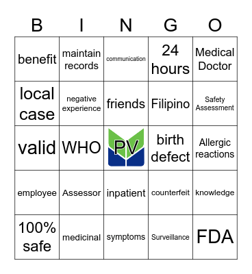 Pharmacovigilance Bingo Card