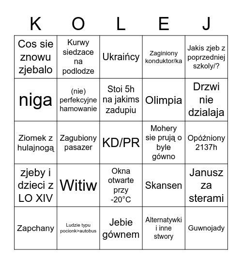 kolej Bingo Card