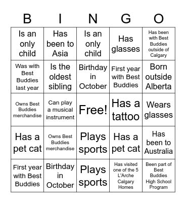 Best Buddies Bingo Card
