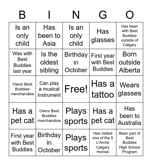 Best Buddies Bingo Card