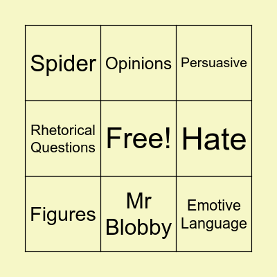 Room 101 Bingo Card