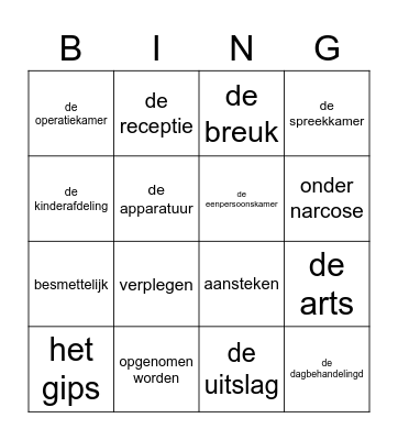 Ziekenhuis Bingo Card