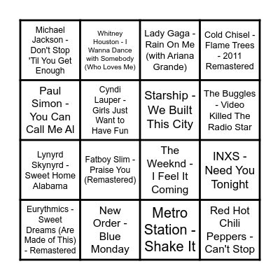 The Prince Music Bingo #1 Bingo Card