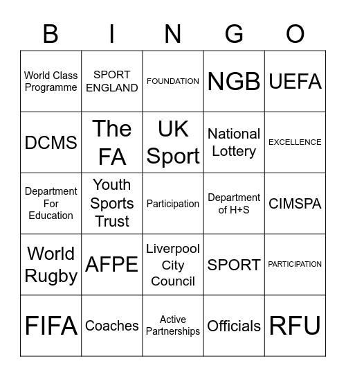 Sport Development Bingo Card