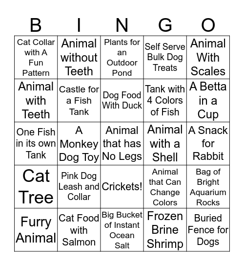 Pet Store Bingo Card