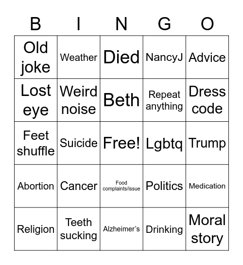 Old man Bingo Card