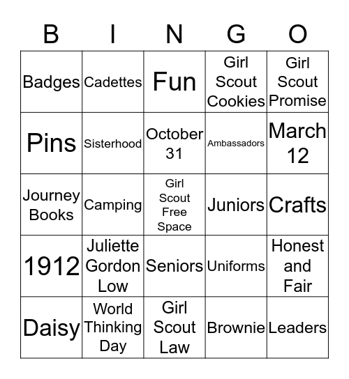 Girl Scout Bing Bingo Card