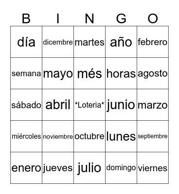 Los Dias y Meses Bingo Card