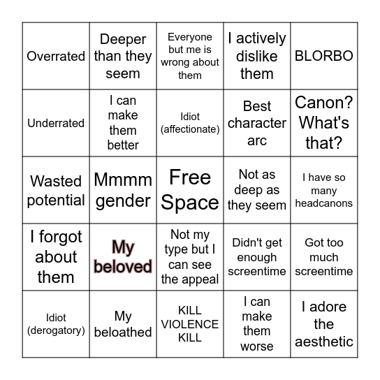 Character opinion bingo Card