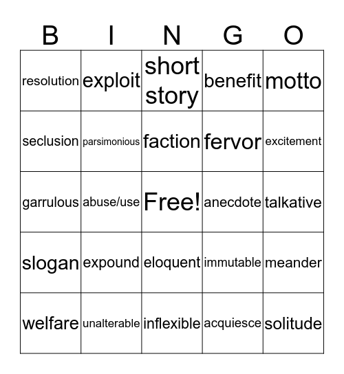 ACT VOCAB #5 Bingo Card