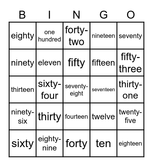 10 to 100 Bingo Card