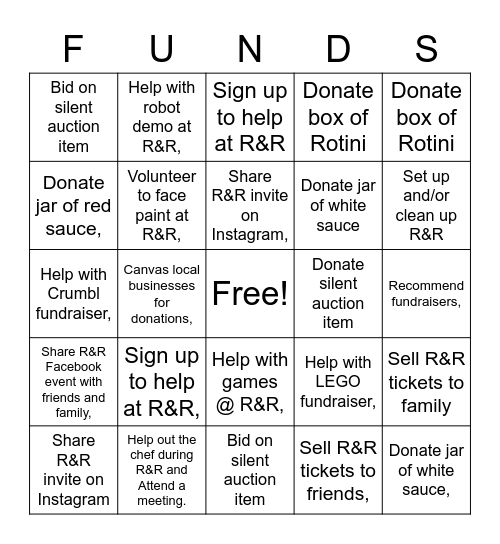 Fundraising Bingo Card