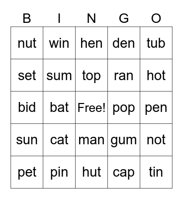 Short Vowel Bingo Card