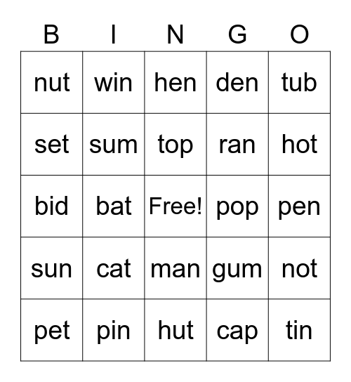 Short Vowel Bingo Card