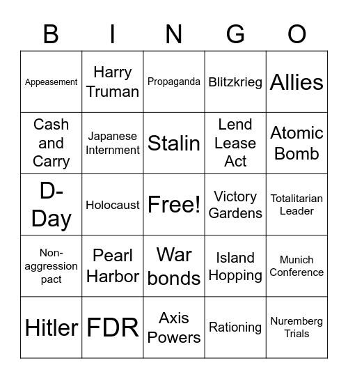 SS 8 WW2 Bingo Card