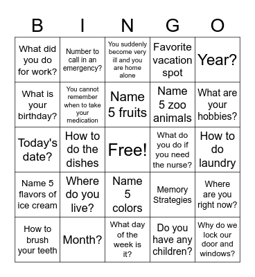 Cognitive Bingo Card