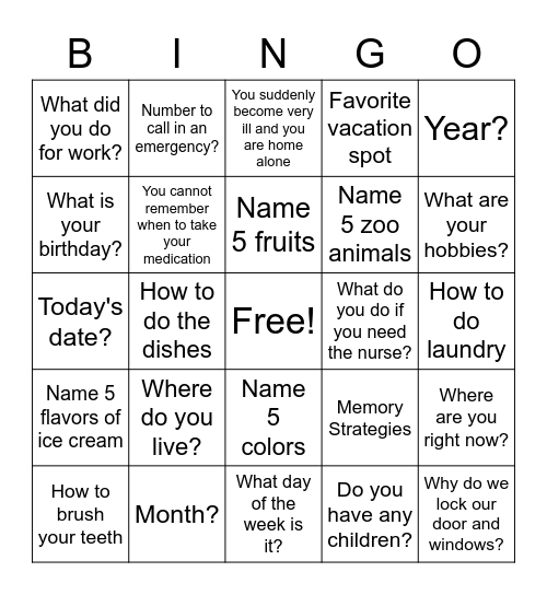 Cognitive Bingo Card
