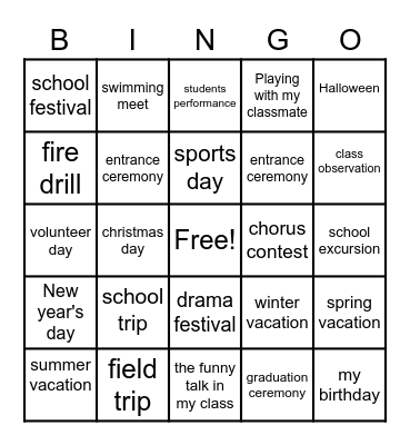 Memories Bingo Card