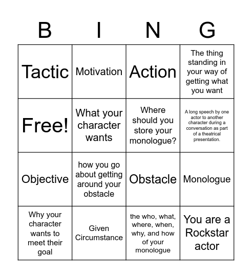 Monologue Vocabulary Bingo Card