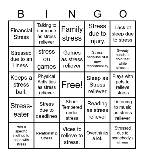 Stressors/Stress Relievers/Effects Bingo Card