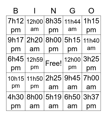 Telling Time in French Bingo Card