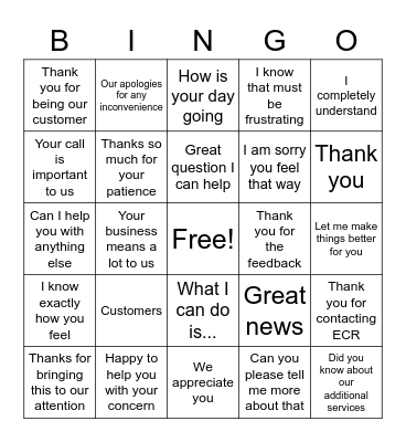 ECR Customer Service Week Bingo Card