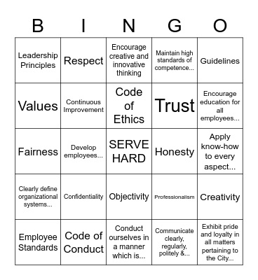 Employee Standards BINGO Card