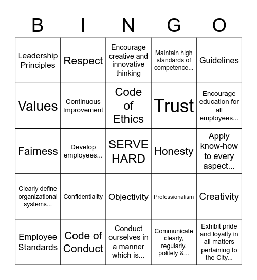 Employee Standards BINGO Card