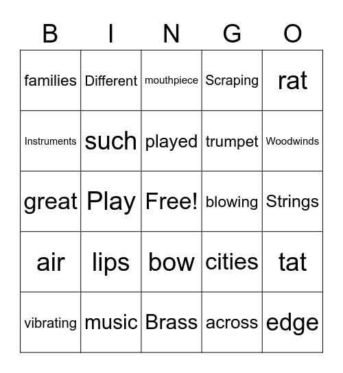 Families of Instruments Bingo Card