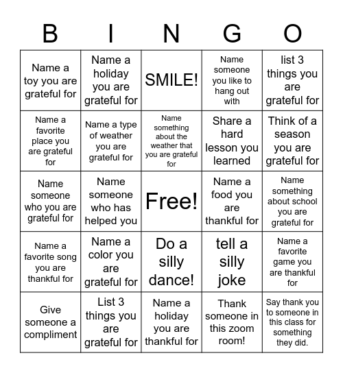 Gratitude Bingo!!! Bingo Card