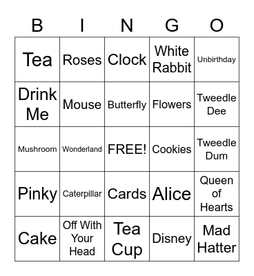 Alice in Wonderland Bingo Card