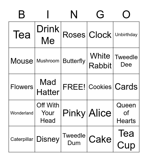 Alice in Wonderland Bingo Card