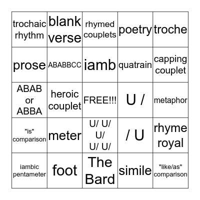 Poetic Language Bingo Card