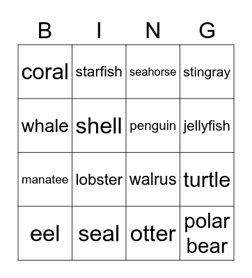 Sea Animals Bingo Card