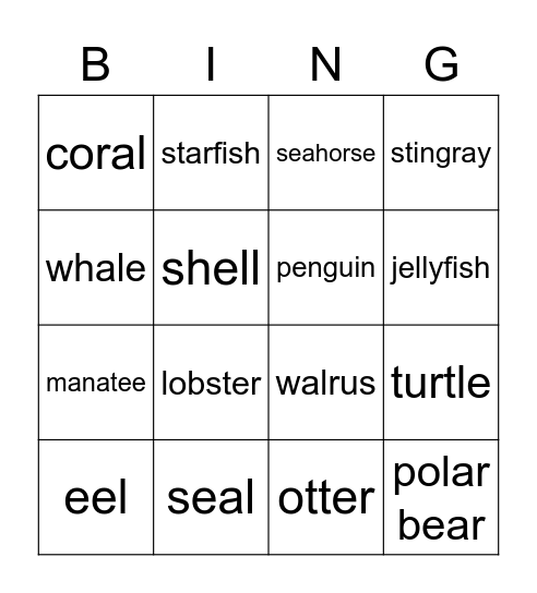 Sea Animals Bingo Card