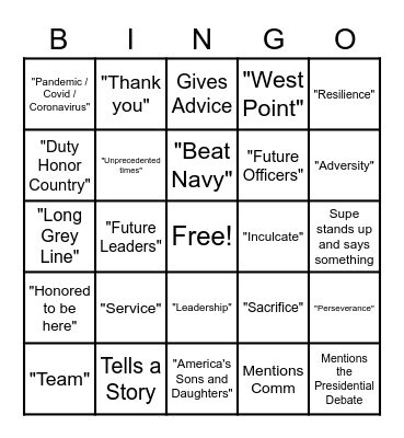 Thayer Dinner Bingo Card