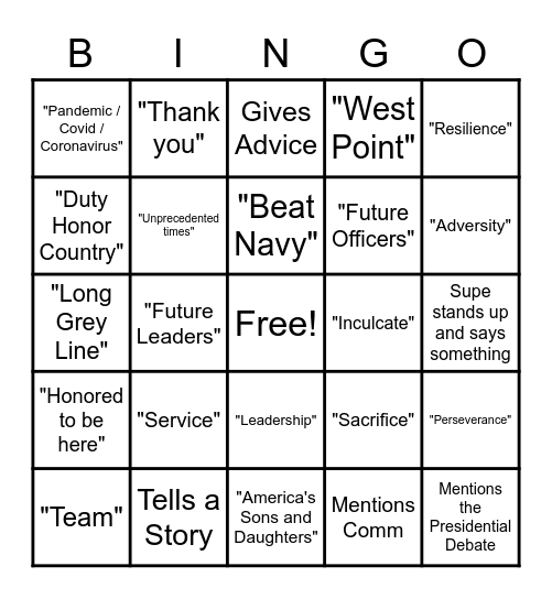 Thayer Dinner Bingo Card